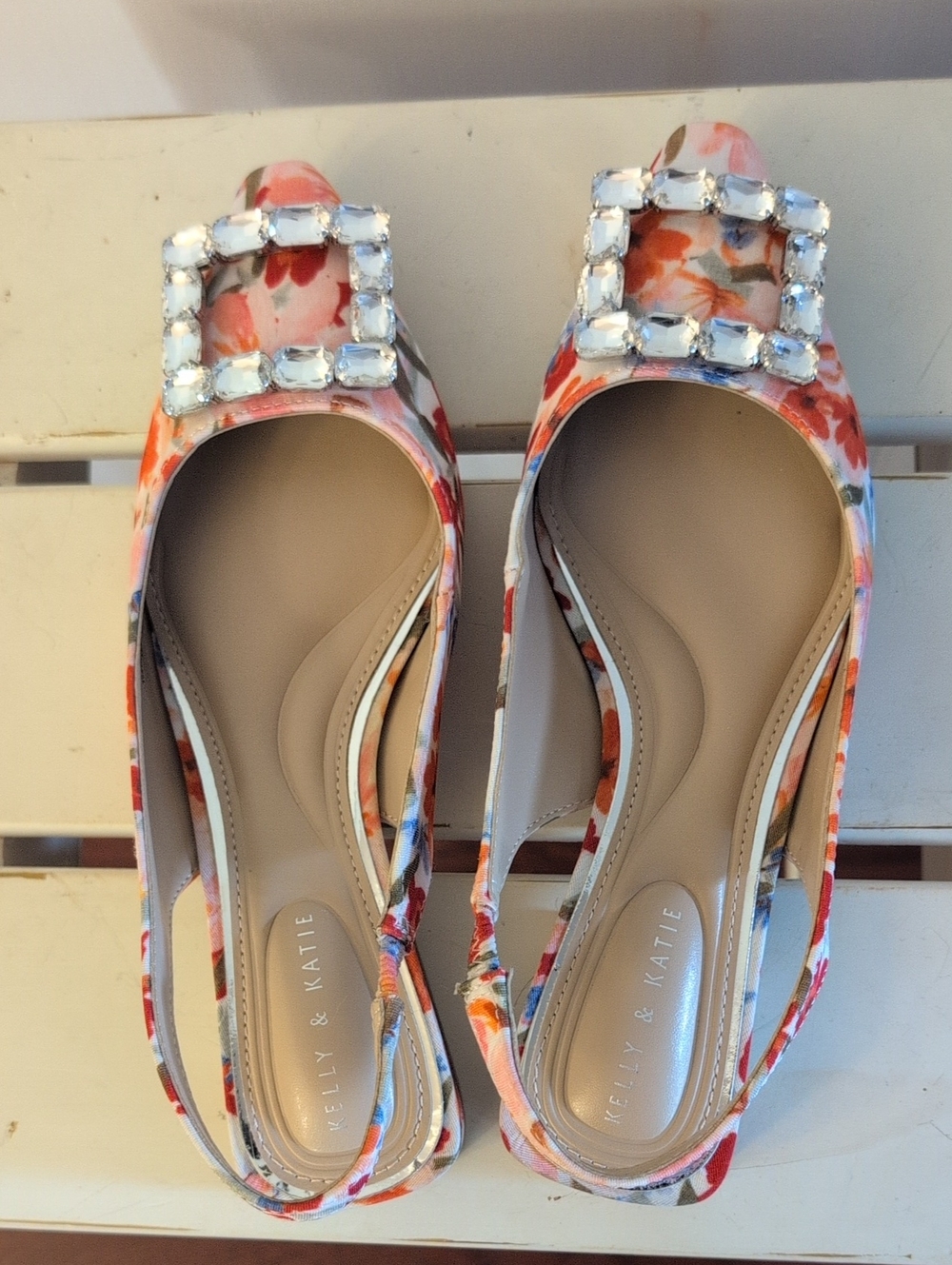 Kelly & Katie Crystal Buckle Floral Slingback Flats in Pink and Coral